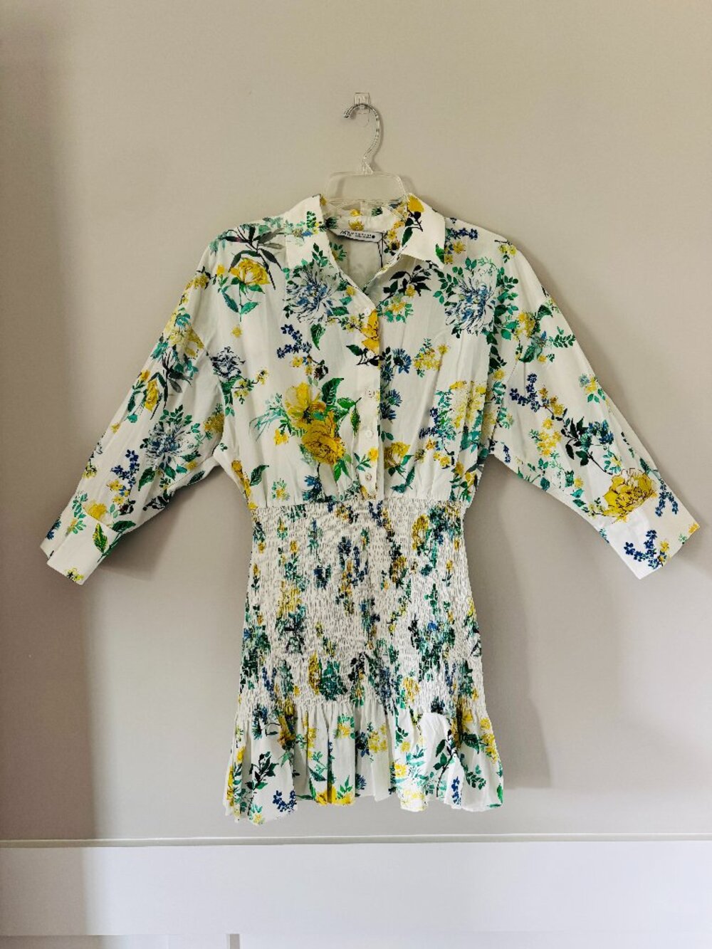 NWT Zara The Patricia Dress Womens M White Floral Collared Long Sleeve Mini Smoc